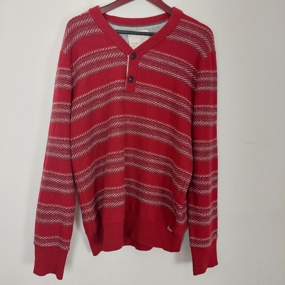 Banana Republic Button V Neck Knit Sweater Red Grey Striped Wool Blend Mens Sz L - Picture 2 of 9